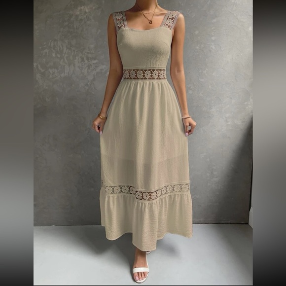 Lace Insert Ruffle Hem Floral Maxi Shirt Dress
